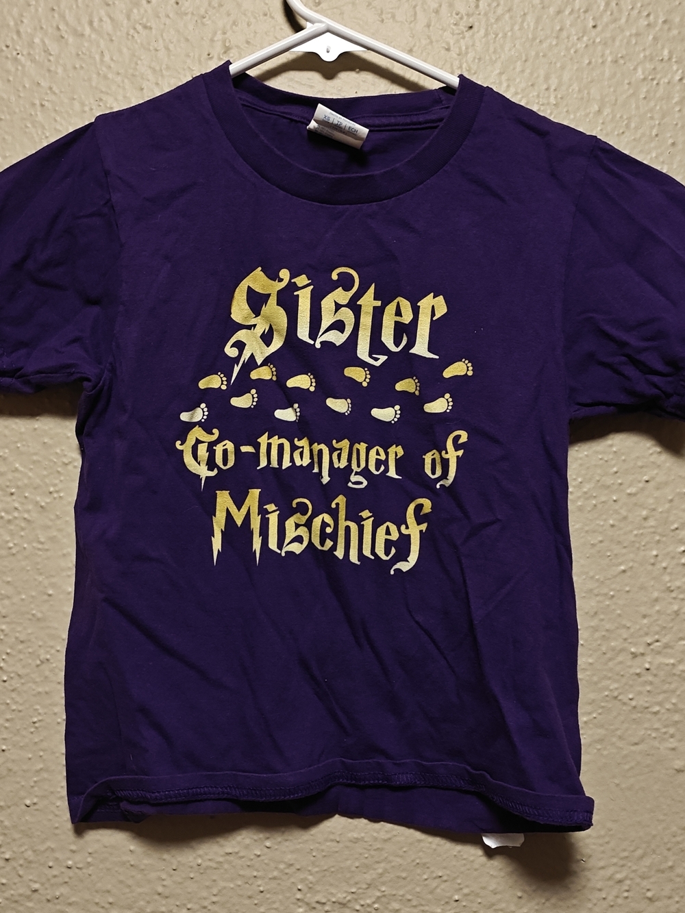 Kids Purple 'Sister Co-Manager of Mischief' Short Sleeve Tee
